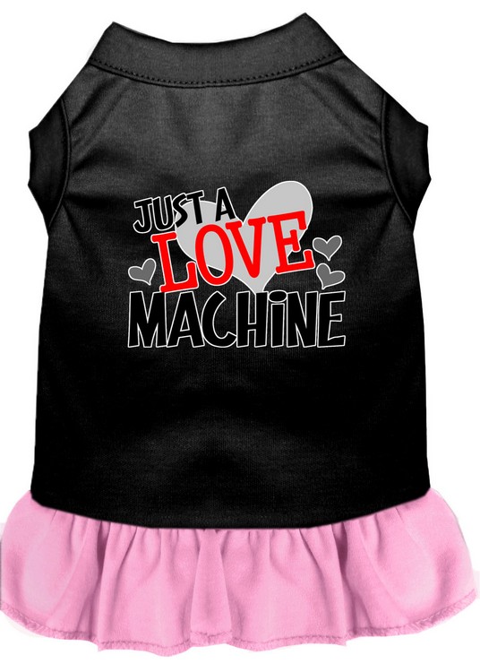 Love Machine Screen Print Dog Dress Black with Light Pink Lg